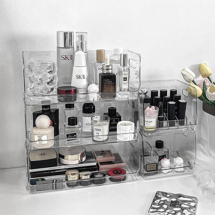 2-Pack Stackable Makeup Organizer, Acrylic Clear Cosmetic Display Case for Vanity, Bathroom Vanity Organizers, Multi-use Cosmetic Storage Display Box for Cosmetics, Skin Care, Hair Accessories