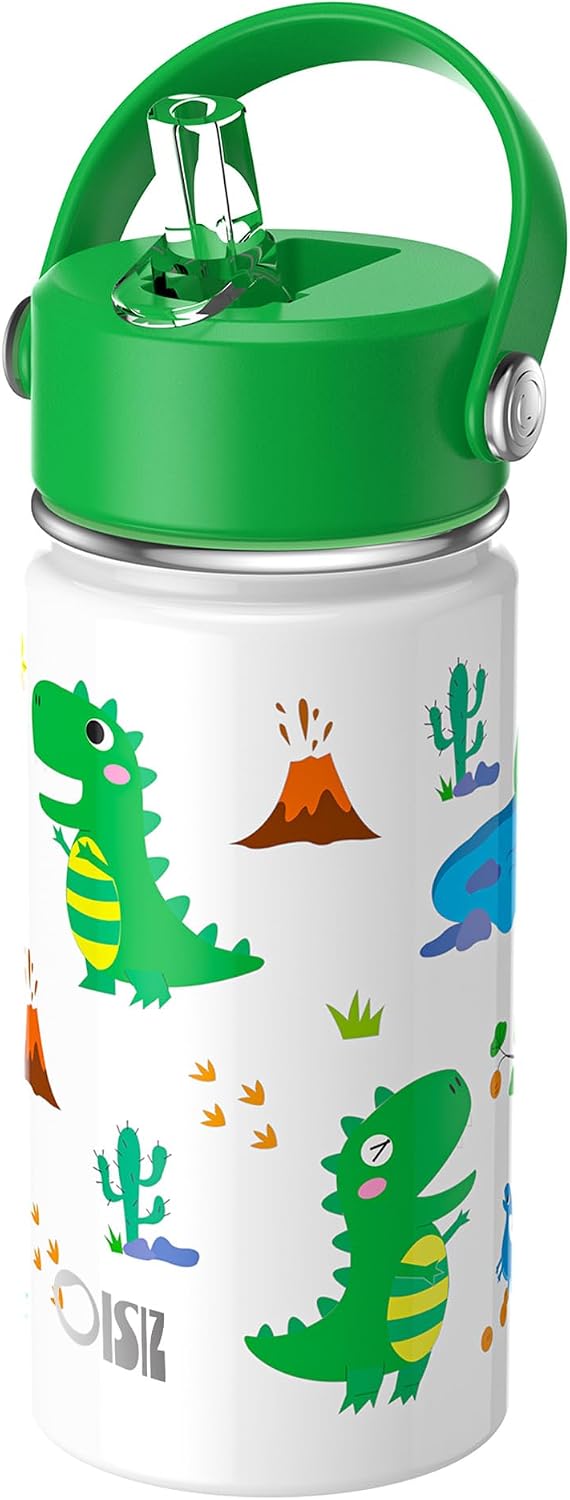 14oz Kids Water Bottle with Straw Lid, Vacuum Insulated 316 Stainless Steel Bottles for Kids for School, Leakproof, Easy to Clean - dinosaur