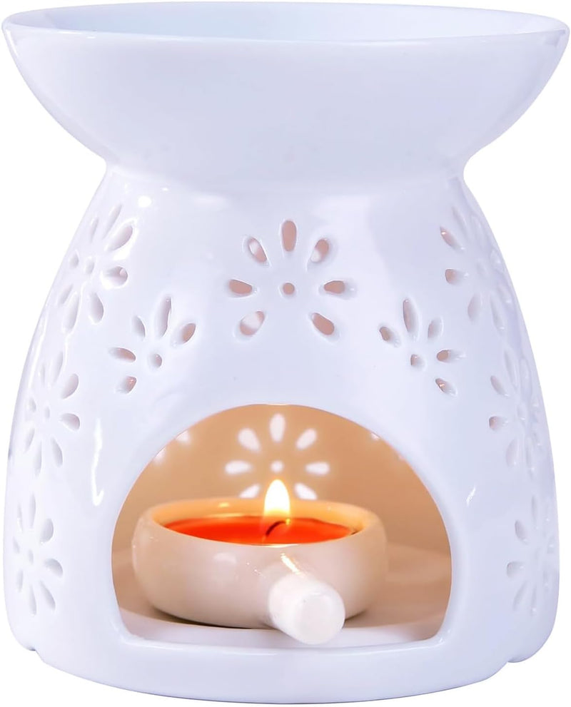 Beauenty Oil Candle Warmers, Ceramic Tealight Holder, Aroma Oil Burner, Aromatherapy Stove. White Carved Petal (Style 2)