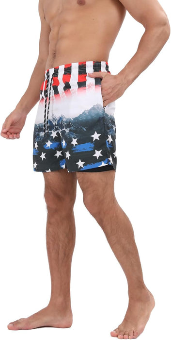 Mens Swim Trunks with Compression Liner 2 in 1 Quick Dry Beach Swimming Trunks Swim Shorts with Zipper Pockets