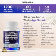 Resveratrol NAD+ Berberine Hyaluronic Acid - Biotin Grape & Blueberry + NAC - Collagen Peptides - Hair, Nail, Skin & Joint Supplement - 21-in-1 Women and Men - Made in USA (60 Count (Pack of 1) - 60 Count (Pack of 1)