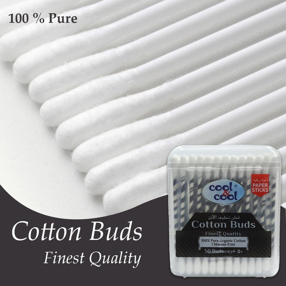 Cool & Cool Organic Paper Ear Buds - 50's - Black - Round Thick Tips,Cotton Swabs,100% Cotton,Double Tipped,Hygienic,Gentle & Safe Swabs for Ears