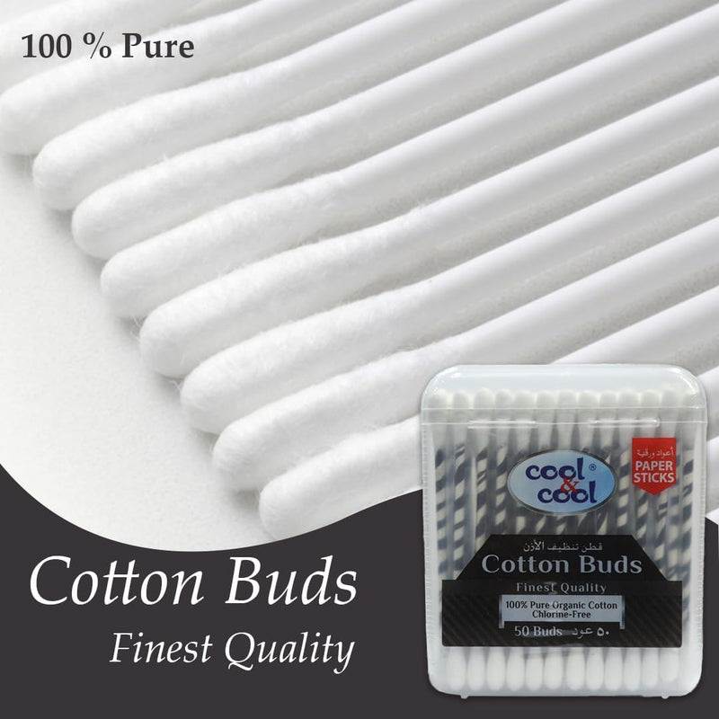 Cool & Cool Organic Paper Ear Buds - 50's - Black - Round Thick Tips,Cotton Swabs,100% Cotton,Double Tipped,Hygienic,Gentle & Safe Swabs for Ears
