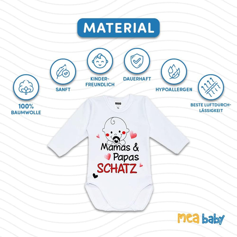 MEA BABY Unisex Baby Long-Sleeved Bodysuit with Saying Mamas & Papas Schatz, 100% Cotton, Baby Bodysuit White for Girls, Baby Bodysuit White for Boys