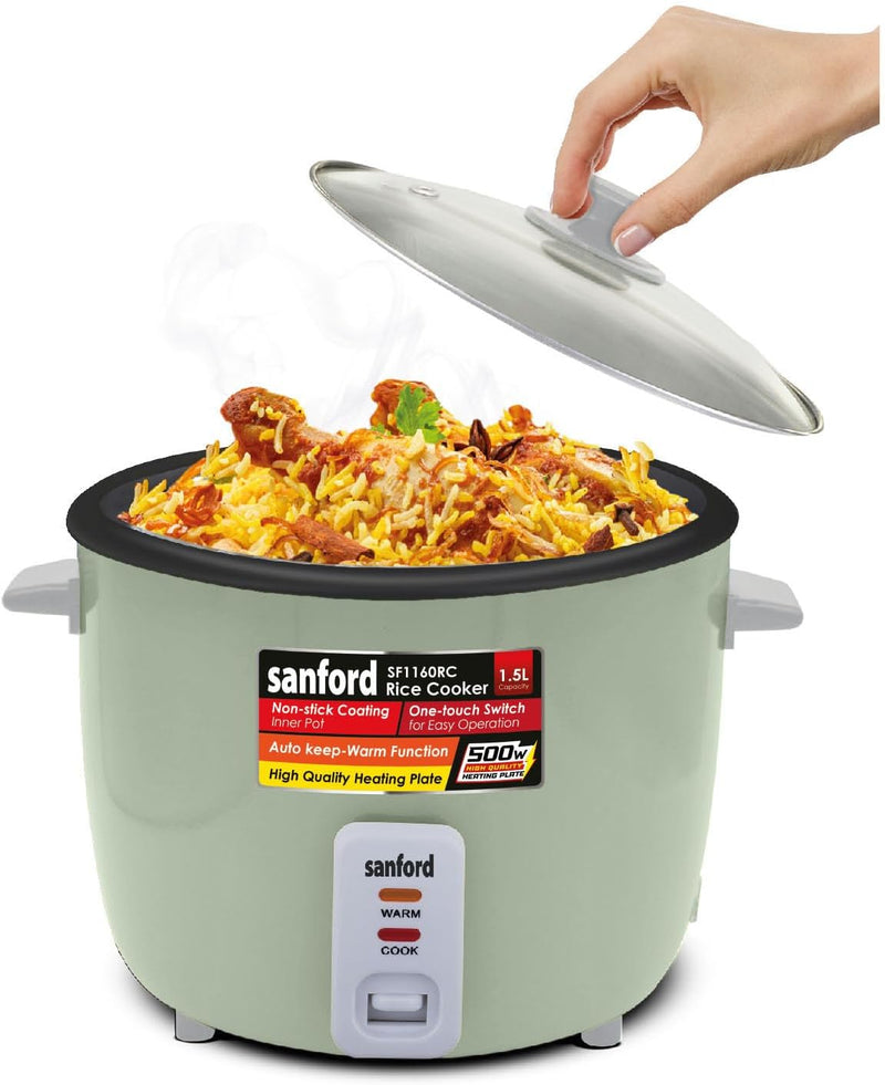 Sanford 1.5L Automatic Rice Cooker with Steamer & Keep Warm | 500W Power | Non-Stick Pot| (GREEN)