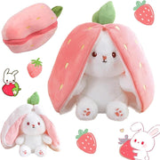 AMERTEER Strawberry Bunny Plush Toy Cute Transformed Bunny Doll Fruit Rabbit Pillow, Small Soft Plush Pillow for Kids Girls, Transformable Fruit Rabbit Toy (18cm)