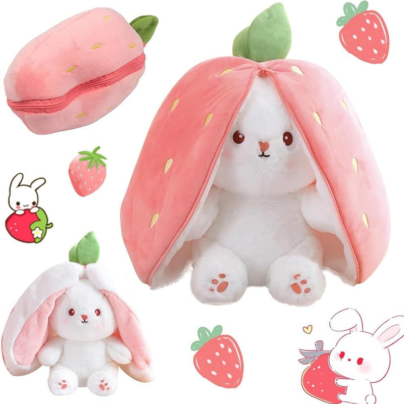 AMERTEER Strawberry Bunny Plush Toy Cute Transformed Bunny Doll Fruit Rabbit Pillow, Small Soft Plush Pillow for Kids Girls, Transformable Fruit Rabbit Toy (18cm)