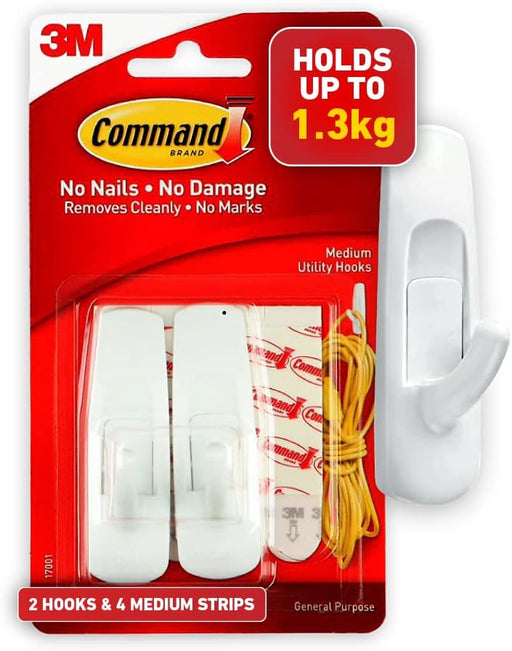 Command Utility Medium Hooks White color, 2 hooks + 4 strips/pack Holds 1.36 kg each hook Organize Decoration No Tools Holds Strongly Damage-Free Hanging - M