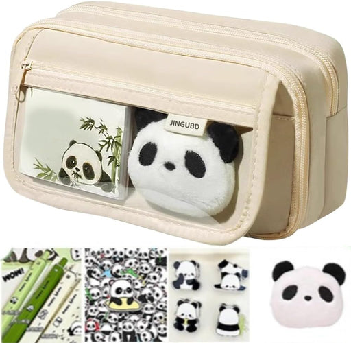 Panda Pencil Case, 10Pcs Cute Panda Pencil Case Large Capacity, Aesthetic Pencil Case, Pencil Pouch Cute With Zipper Preppy Pen Bag With 2 Gel Ink Pens, 2 Clips, 5 Stickers, Pin (Black) - Beige