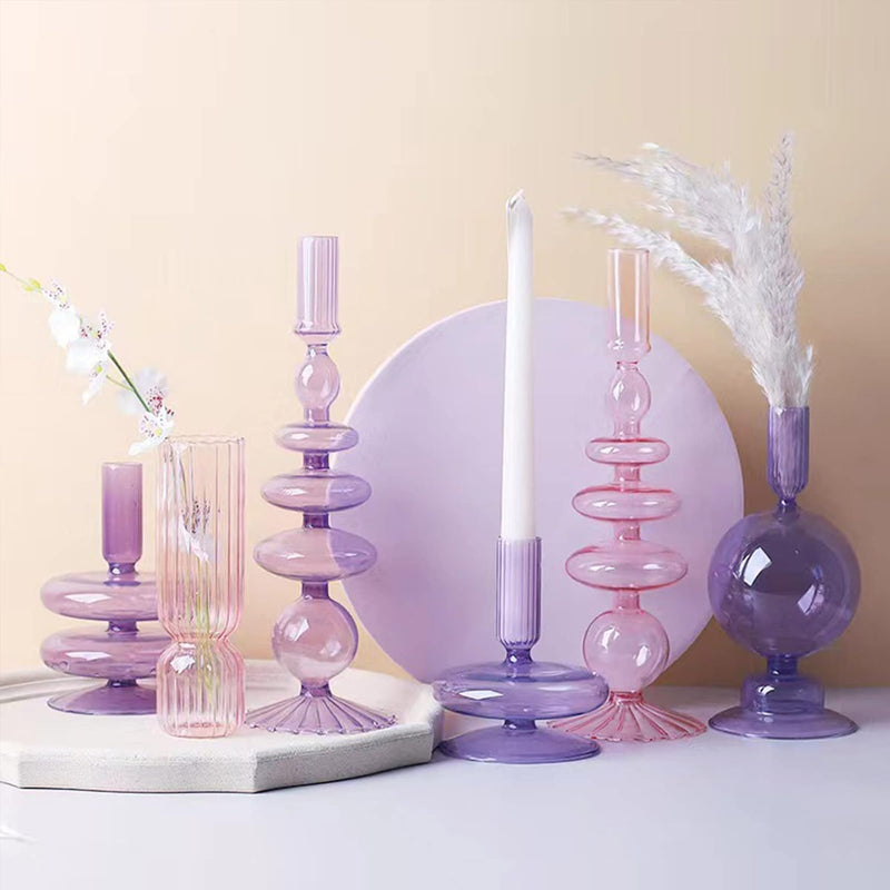 LKPOMI Glass Candlestick Holders - Colorful Glass Taper Candle Stand - Modern Elegant Candle Sticks - Pink