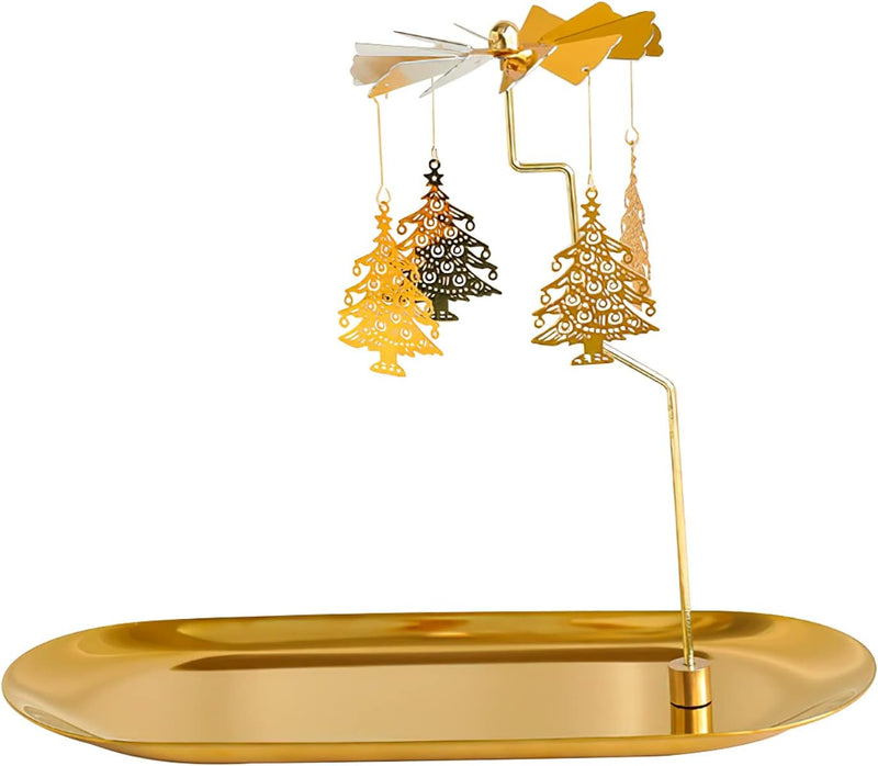 Creahaus Rotating Candle Holder with Tray, Gold Candle Spining Metal Holder for Christmas, Valentine's Day, Party Table Decor, Gift (Gold Carousel)