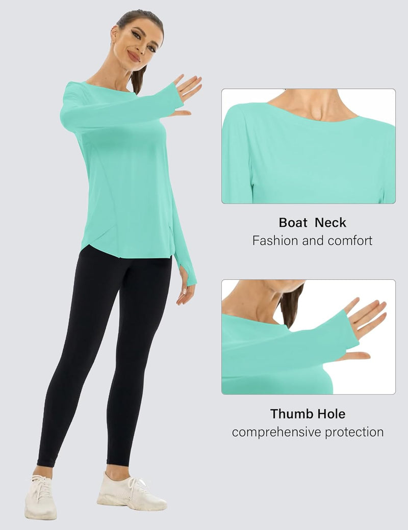 Rapbin Women's UPF 50+ Sun Protection T-Shirts Long Sleeve Boat Neck Workout Lightweight Quick Dry Top with Thumb Hole