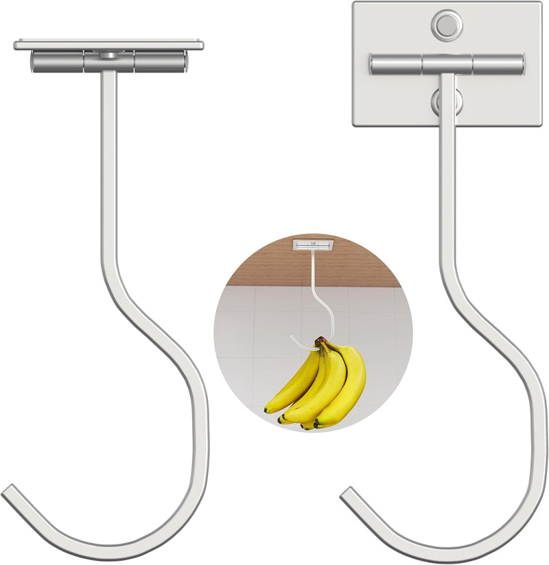 2-Pack Self Adhesive Banana Hook, Metal Banana Hanger Hook,Under Cabinet Hook For Bananas Or Other Kitchen Items, Foldable Banana Hook, Folds Up With Magnets When Not In Use, Keep Bananas Fresh,Gold - Silver