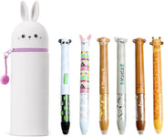 2 in 1 Soft Silicone School Pencil Case with 6PCS Erasable Gel Pens, Pencil Case and Desk Pen Holder, Retractable Capacity, Zipper Closure (Bunny) - Bunny