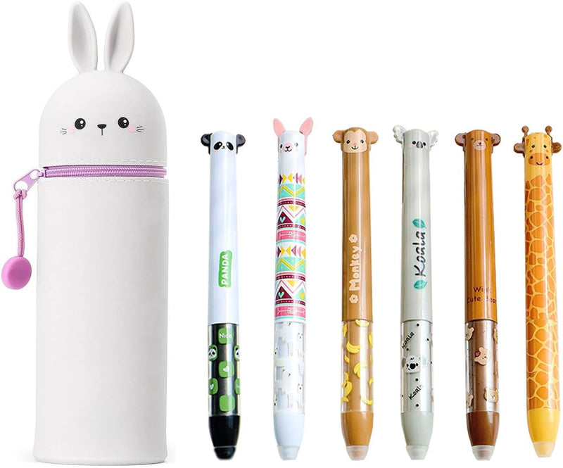 2 in 1 Soft Silicone School Pencil Case with 6PCS Erasable Gel Pens, Pencil Case and Desk Pen Holder, Retractable Capacity, Zipper Closure (Bunny) - Bunny