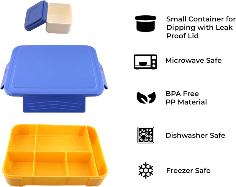 Bento Lunch Box for Kids - 1330ml Leak Proof BPA Free Lunchbox with 5 Compartments, Cutlery & Sauce Bowl Microwave Safe Tiffin for School, Office Bento Box for Boys (Blue) - Blue