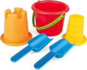 Hape Beach Basics Sand Toy Set 4-Piece Sand & Water Playset for Toddlers Includes Bucket, Sifter, Rake, and Shovel Durable, Child-Safe, Multicolor Perfect for Beach and Sandbox Fun 18M+ - L: 8.1, W: 9.8, H: 7.5 inch 5-In-1 Beach Set