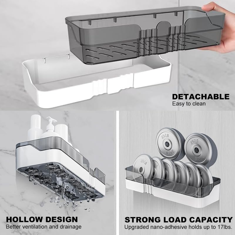 Aukomer Shower Caddy Bathroom Shower Shelves 2 Pcs: Adhesive Shower Organizer with Hook, No Drilling Dual-Layer Bathroom Wall Organizer, Upgraded Kitchen Storage Rustproof Storage Rack for Bathroom