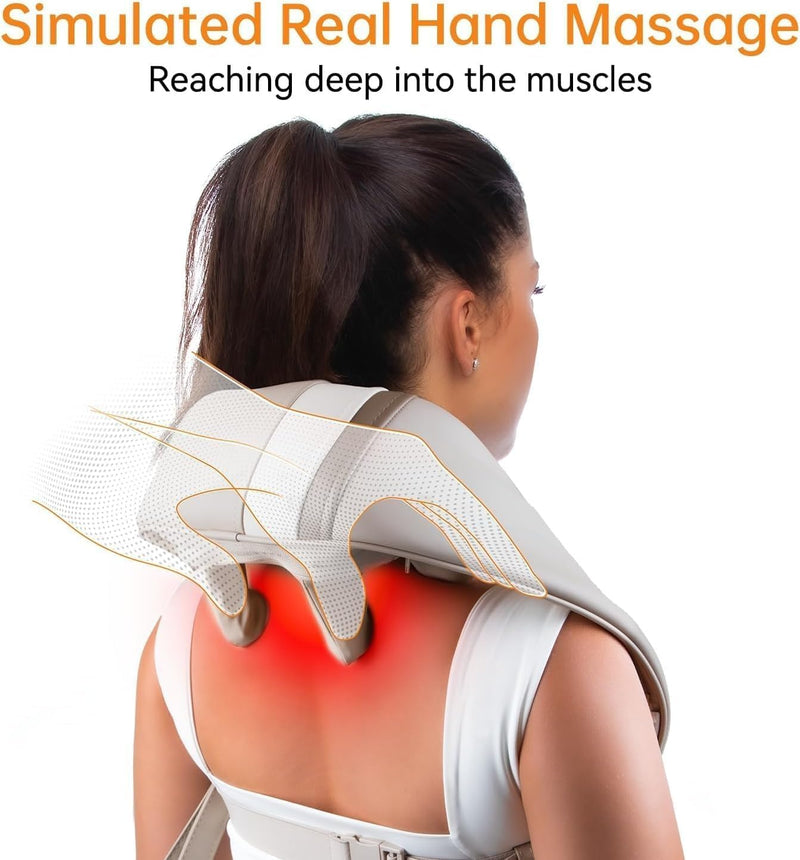 Neck Massager with Heat, Cordless Deep Tissue Kneading Massage Pillow - 3D Shiatsu Shoulder and Back Massager with 2 Heat Levels, Rechargeable Muscle Pain Relief for Home, Office & Car Use