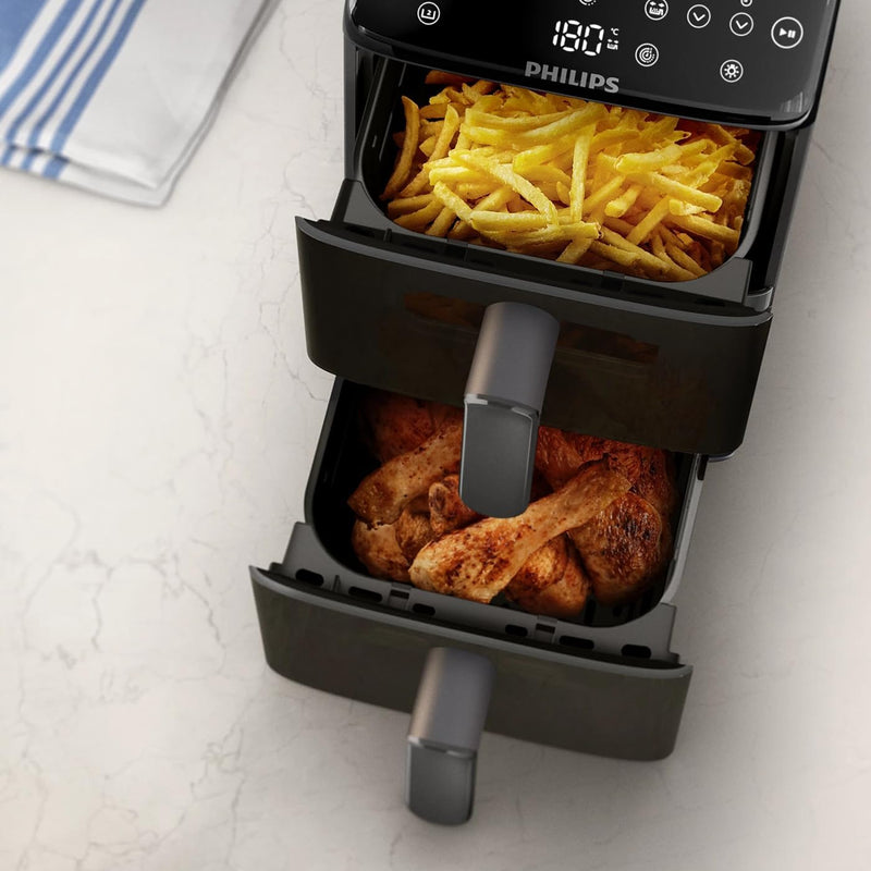 Stacked Dual Basket Airfryer - 5L + 5L, 2 Stacked Basket Drawers, 6 Preset Functions and 13 ways to cook, Touchscreen, Black - NA460/09