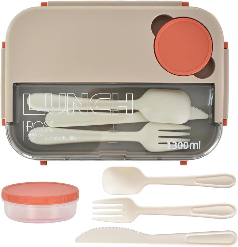 Aputue Bento Lunch Box, 4-Compartment Food Container, 1300ML Large Capacity, Leakproof, Microwave Dishwasher Safe, Reusable Durable Meal Prep Container with Utensils Dressing Cup, for Office School