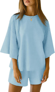 Womens Pajama Sets 3/4 Sleeve Oversized Tops and Elastic Waist Shorts Lounge Sets Loungewear - Light Blue