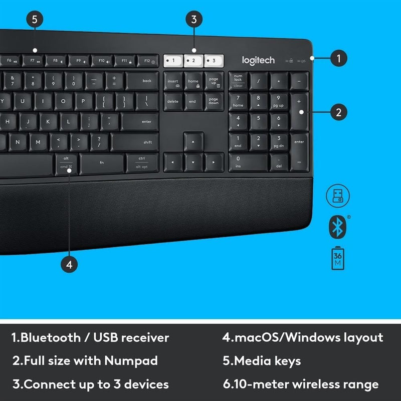 Logitech MK850 Multi-device wireless keyboard and mouse, Bluetooth 2.4 GHz, flexible frame and wireless, 12 programmable keys, battery life 3 years, PC/Mac, QWERTY UK design - Black
