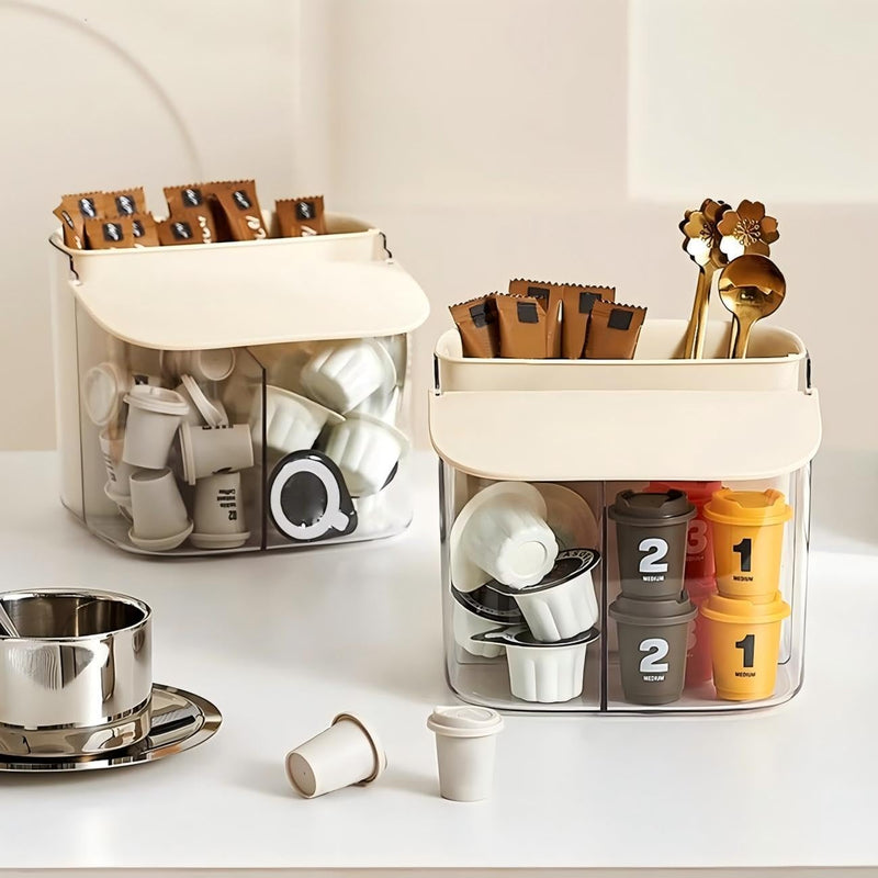 KASTWAVE Wall Mounted Coffee Capsult Holders, Plastic Coffee Pod Holder Clear Coffee Capsule Storage Organizer with Lid Coffee Bar Accessories Basket for Tea Bags Creamer Sugar Bags