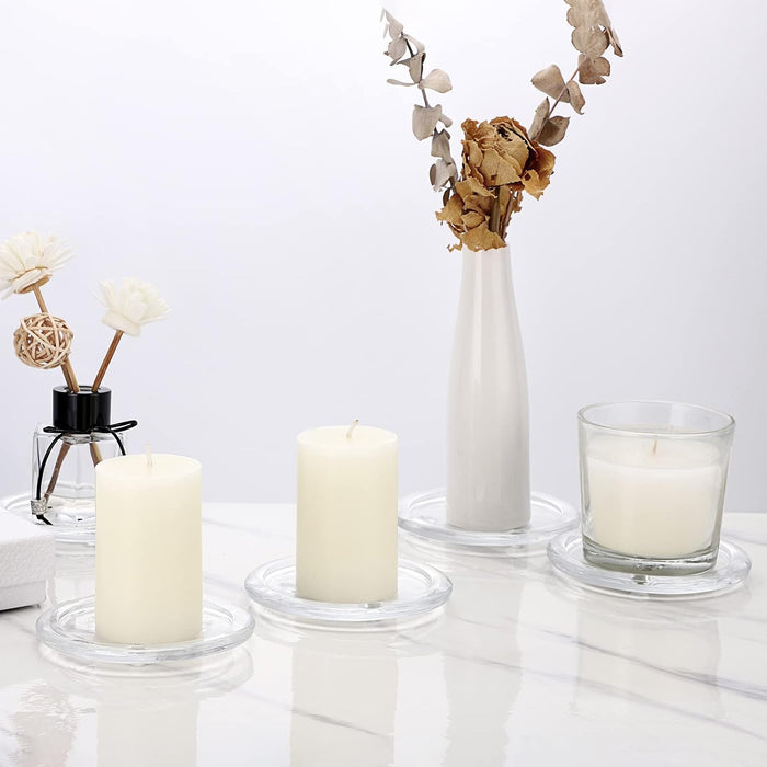 Glass Candle Tray, Round Clear Pillar Candle Holder, 3.9 Inch Pillar Candle Holders, Glass Coaster Small Round Plate Candle Plates, Modern Style Candle Centerpiece for Dining Table Wedding 5PCS
