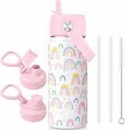 530ml Kids Insulated Water Bottle, 2 lids included, 18oz Stainless Steel Travel Tumbler Double Wall Vacuum Leak Proof Kids Cup with Straw Metal Water Bottle for School Boys Girls (Black) - Pink