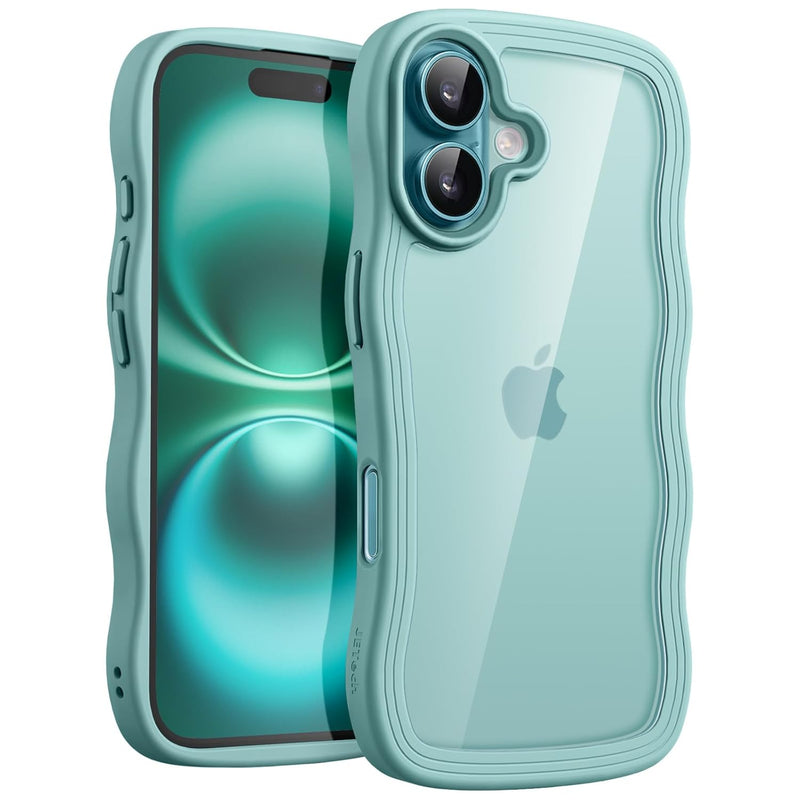 JETech Wavy Case for iPhone 16 6.1-Inch, Cute Wave Frame Curly Shape Shockproof Phone Cover for Women and Girls, Clear Hard PC Back (Teal)