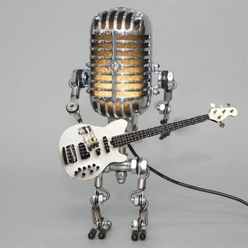 Xmpmrb Vintage Microphone Guitar Robot Lamp, Unique Design, White, Metal Plastic, LED, USB Powered, Tabletop, Bedroom, Energy Efficient