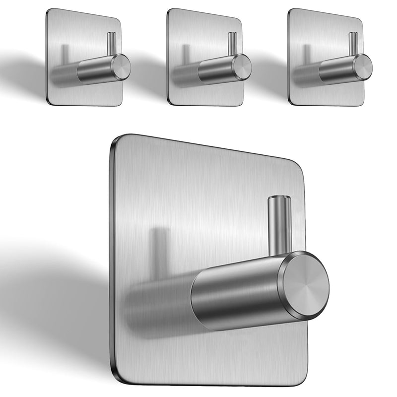 Self-Adhesive Wall Hooks (Pack of 04Pcs) - 304 Stainless Steel Waterproof and Anti-Rust Hooks for Hanging - Ideal Bathroom, Kitchen and Bedroom Hooks for Holding Keys, Coats, Hats, Robes & Towels