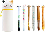 2 in 1 Soft Silicone School Pencil Case with 6PCS Erasable Gel Pens, Pencil Case and Desk Pen Holder, Retractable Capacity, Zipper Closure (Bunny) - Kitty