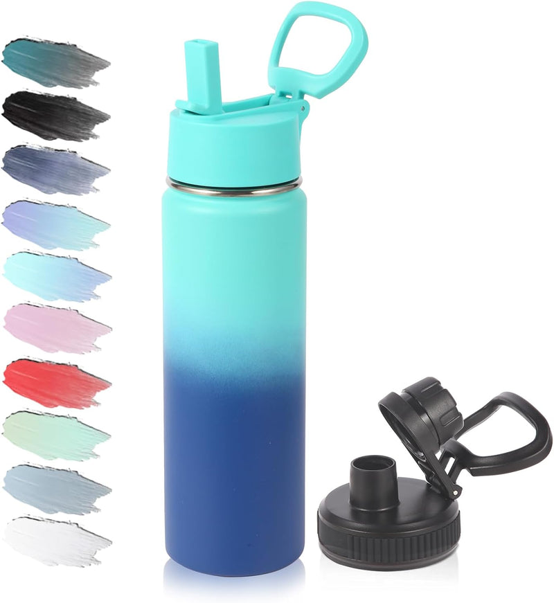 20oz Insulated Stainless Steel Water Bottle with Straw Lid, Kids Wide Mouth Double Wall Vacuum Cups with Handle,Reusable Outdoor Sports Metal Bottles,Travel Flask Keep Cold&Hot(Purple,1) - 1 Green Blue