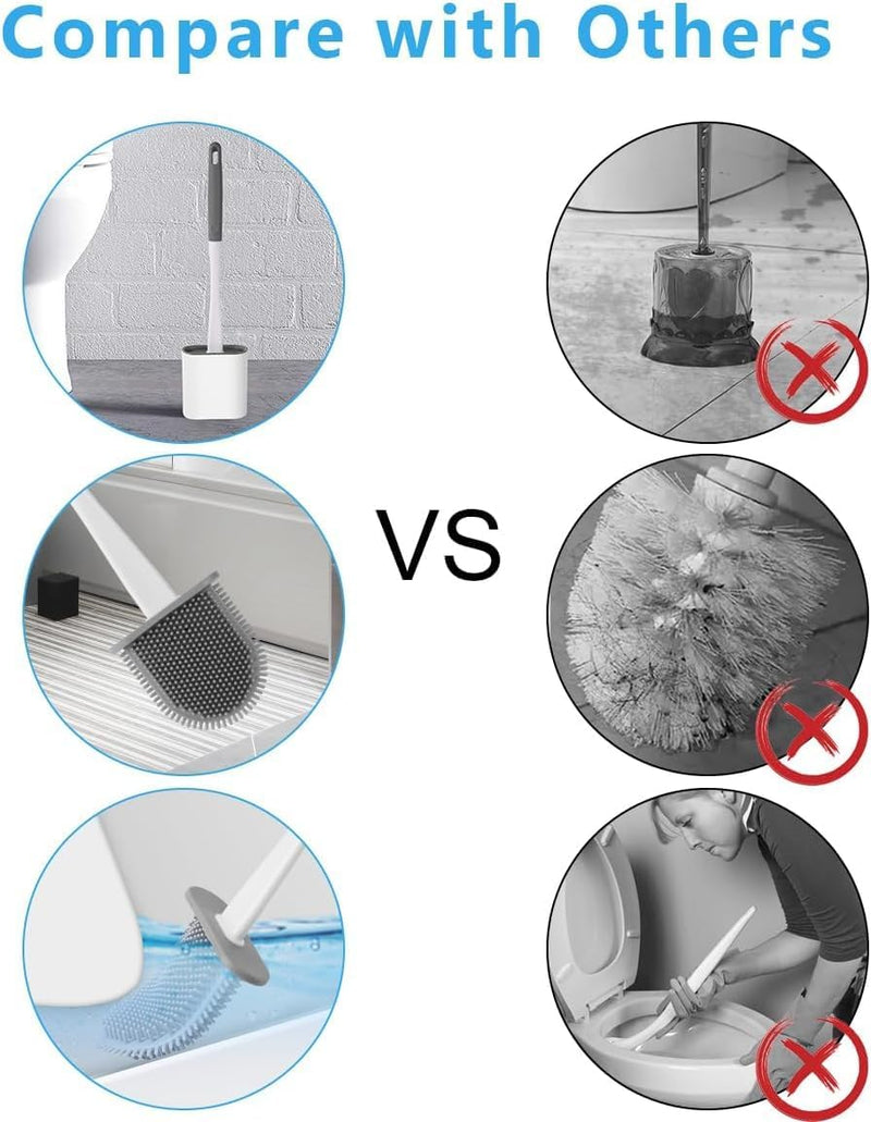 McMola Silicone Toilet Brush and Holder Set - No-Drill Wall Mounted or Freestanding Bathroom Scrubber, 360 Flexible TPR Bristles for Deep Under-Rim Cleaning, Quick-Drying & Anti-Drip (White)