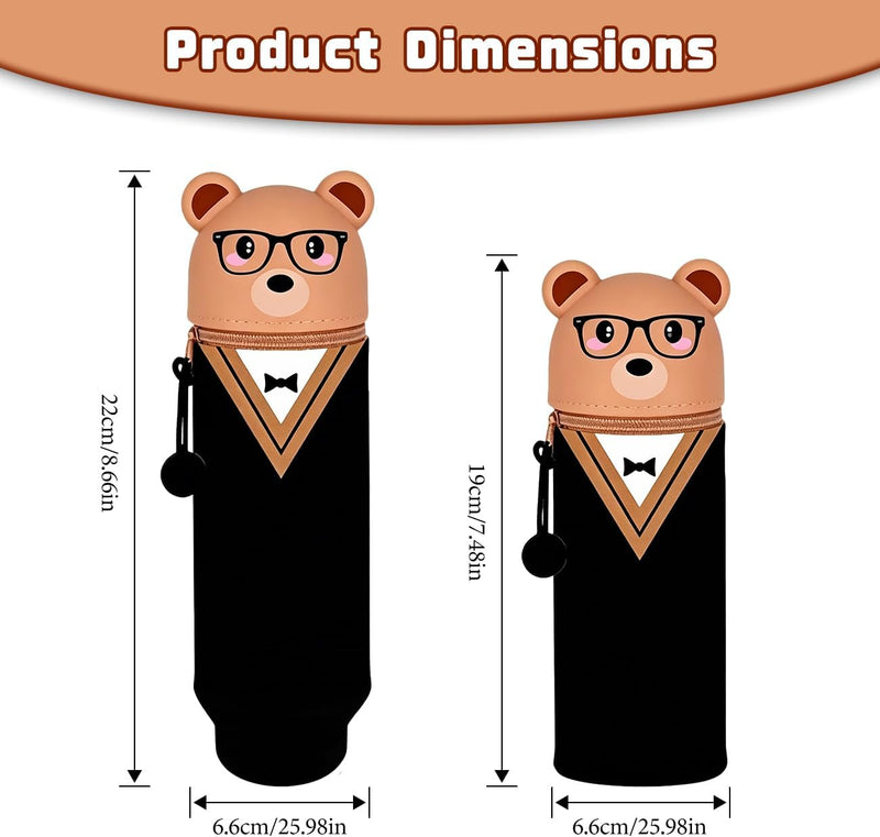 Kawaii Silicone Pencil Case, Cute Cartoon Bear Pencil Case, Soft Pencil Case Zip, Waterproof Silicone Pencil Case for School and Office (6.5 x 22.5 cm)