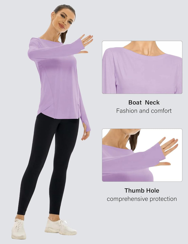 Rapbin Women's UPF 50+ Sun Protection T-Shirts Long Sleeve Boat Neck Workout Lightweight Quick Dry Top with Thumb Hole