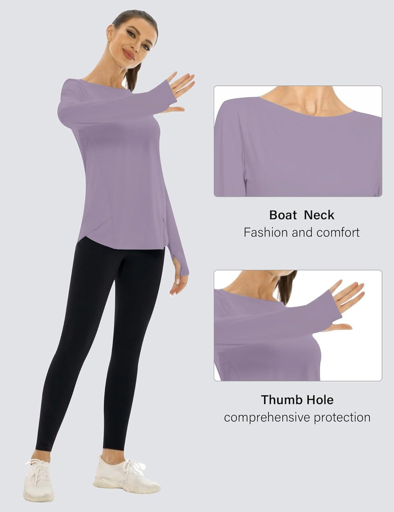 Rapbin Women's UPF 50+ Sun Protection T-Shirts Long Sleeve Boat Neck Workout Lightweight Quick Dry Top with Thumb Hole