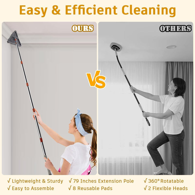 200cm Wall Cleaner Mop with Long Handle, 3-in-1 Adjustable Baseboard Cleaning Mop Sweeper, Triangle Ceiling Cleaning Tool Duster with Extendable Pole 2 Heads 8 Reusable Pads Squeegee for Window Floor