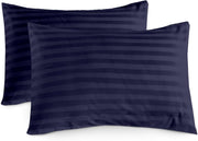 100% Cotton Luxury Hotel Quality Sateen Duvet Cover Set, 2cm Satin Stripe, Hidden Button Closure, Ultra-Soft Sateen Weave, Breathable & Hypoallergenic (White, Queen 240x220cm) - Navy H.W Pillow Cover (Pair)