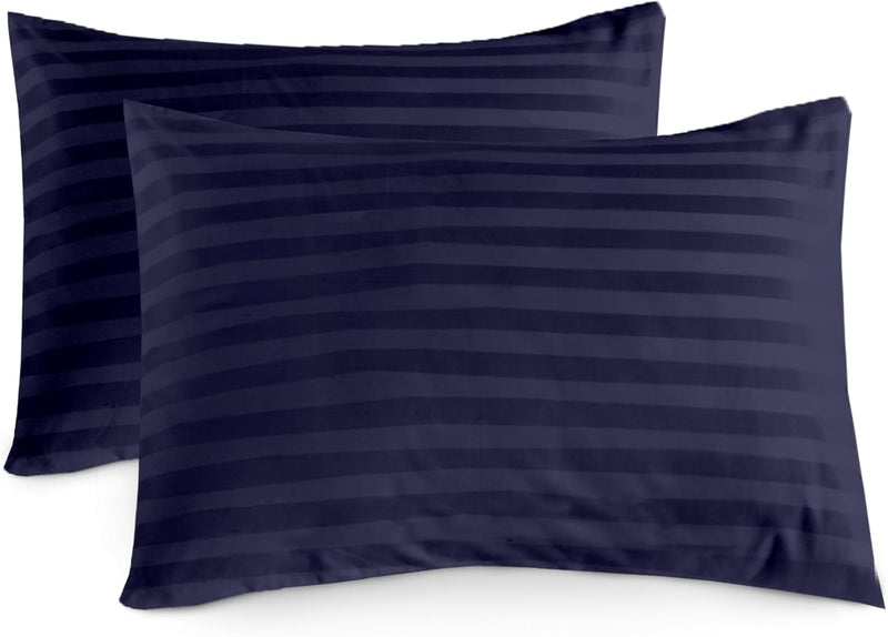 100% Cotton Luxury Hotel Quality Sateen Duvet Cover Set, 2cm Satin Stripe, Hidden Button Closure, Ultra-Soft Sateen Weave, Breathable & Hypoallergenic (White, Queen 240x220cm) - Navy H.W Pillow Cover (Pair)