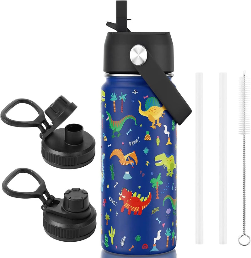 530ml Kids Insulated Water Bottle, 2 lids included, 18oz Stainless Steel Travel Tumbler Double Wall Vacuum Leak Proof Kids Cup with Straw Metal Water Bottle for School Boys Girls (Black) - Blue