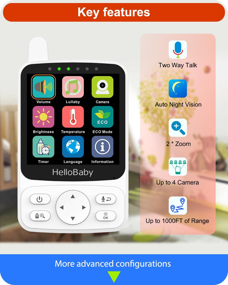 HelloBaby Monitor with 29Hour Battery Life and 4" IPS Screen, No WiFi, Video Baby Monitor with Camera and Audio 1000ft Long Rang Auto Night Vision 2 Way Audio Temperature VOX Mode for Baby Pet Eldly