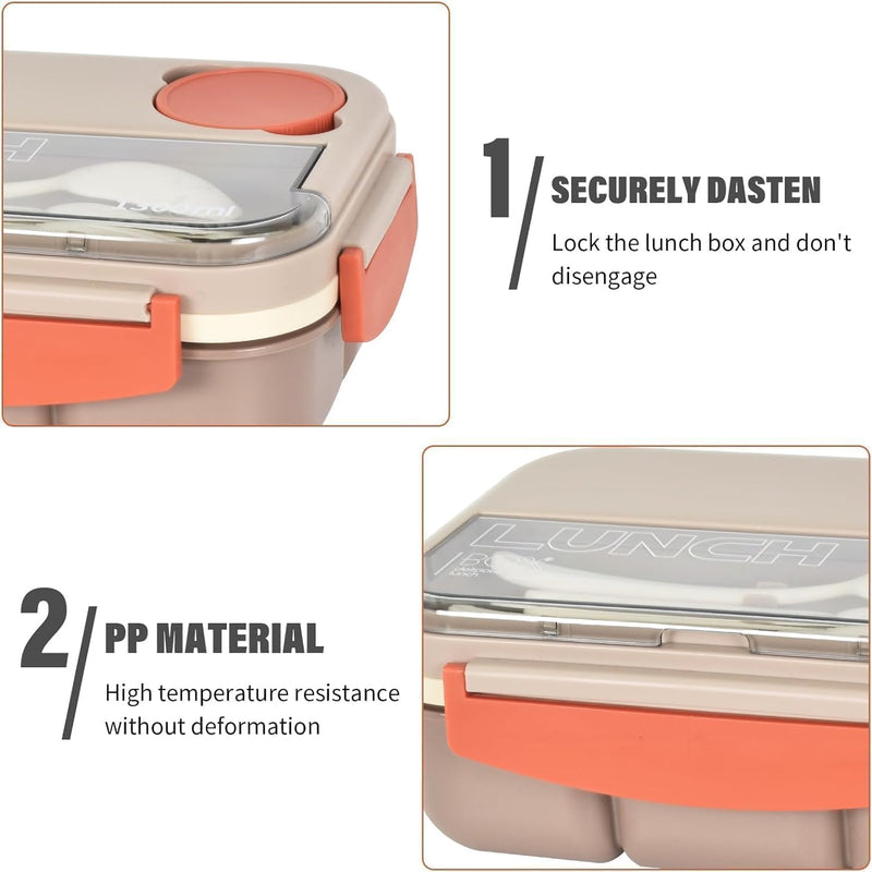 Aputue Bento Lunch Box, 4-Compartment Food Container, 1300ML Large Capacity, Leakproof, Microwave Dishwasher Safe, Reusable Durable Meal Prep Container with Utensils Dressing Cup, for Office School