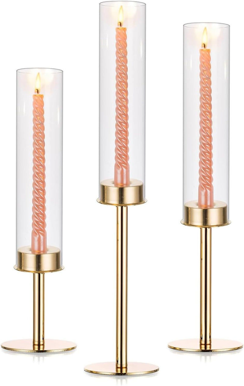 Angju Gold Candlestick Holder Tall Hurricane Candle Holder Set of 3, Taper Candle Holders Candle Stand Glass Cover Candlesticks Holders Table Centerpiece for Wedding Party Birthday Christmas Decor