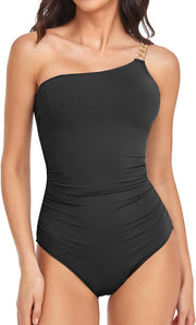Holipick womens Classic One Piece Swimsuit - Black With Chain