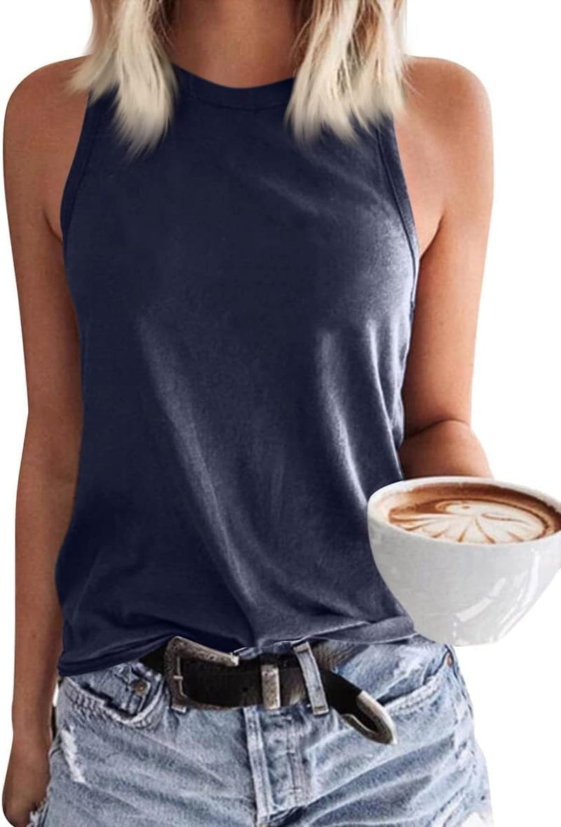 Womens' Crewneck Sleeveless Summer Casual Loose Fit Basic Shirts - Navy Blue