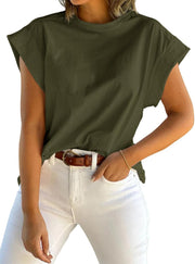 Womens Summer Cap Sleeve Tank Top Crew Neck Solid Casual Loose Fit Basic Tee Shirt - Army Green