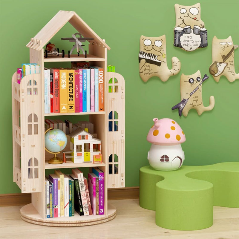 COFOEE Rotating Bookshelf - 360 Display Floor Standing Bookcase Storage Rack for Children, Wooden Organizer Stand for Kids with Bookcase Storage and Display Case